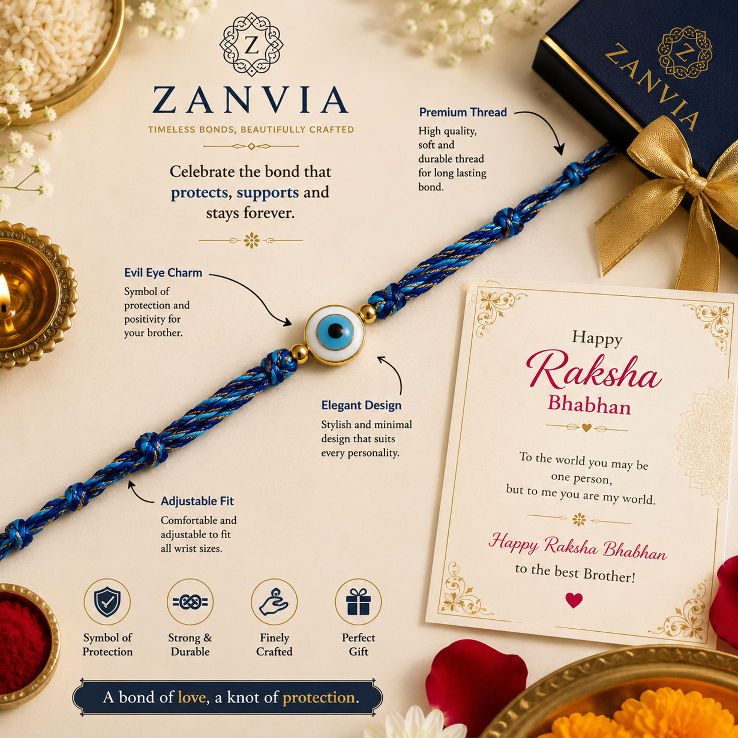 Image of Designer Luxury Blue Evil Eye Charm Rakhi with Premium Braided Thread Mauli Thread Rakhi by Zanvia