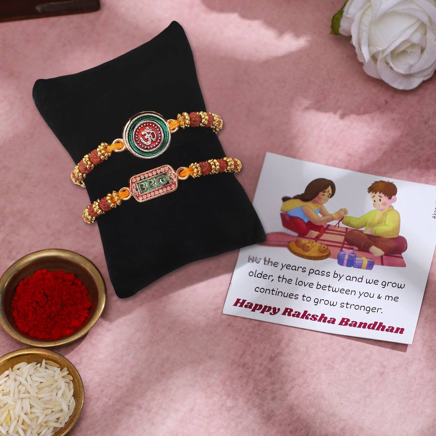 Religious Rakhi (Pack of 2)Om & Bro | Roli Chawal | Card Gold Finish Greeting Card, Rakhi Set by Akaar