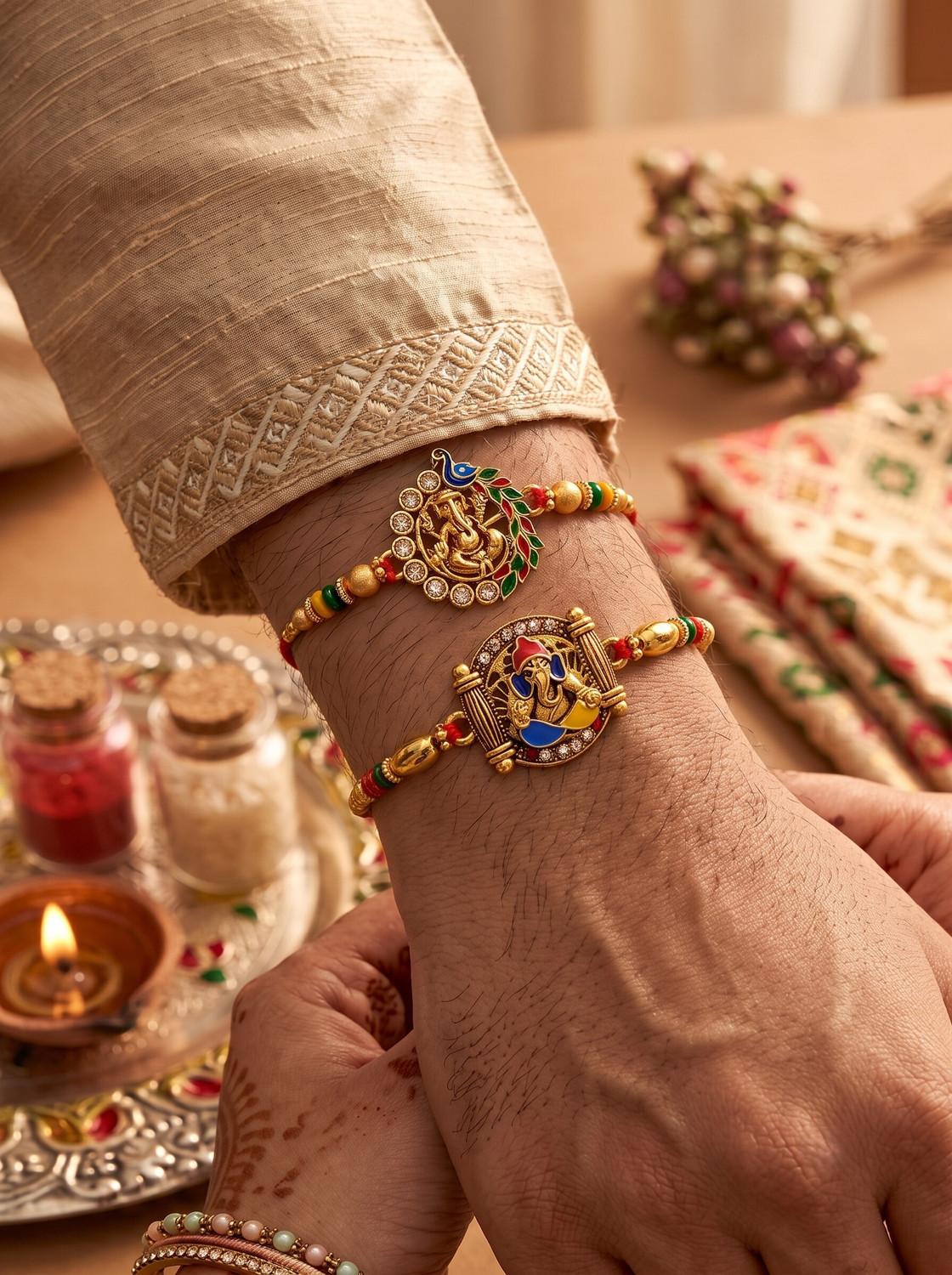 Image of Bhaiya Bhabhi Brass Elegant Ganesha Combo Rakhi for Brother Kids 147 Mauli Thread, Gold Finish, Pearl, Silver Rakhi, Greeting Card, Chawal Roli Pack Set by Meira Jewellery