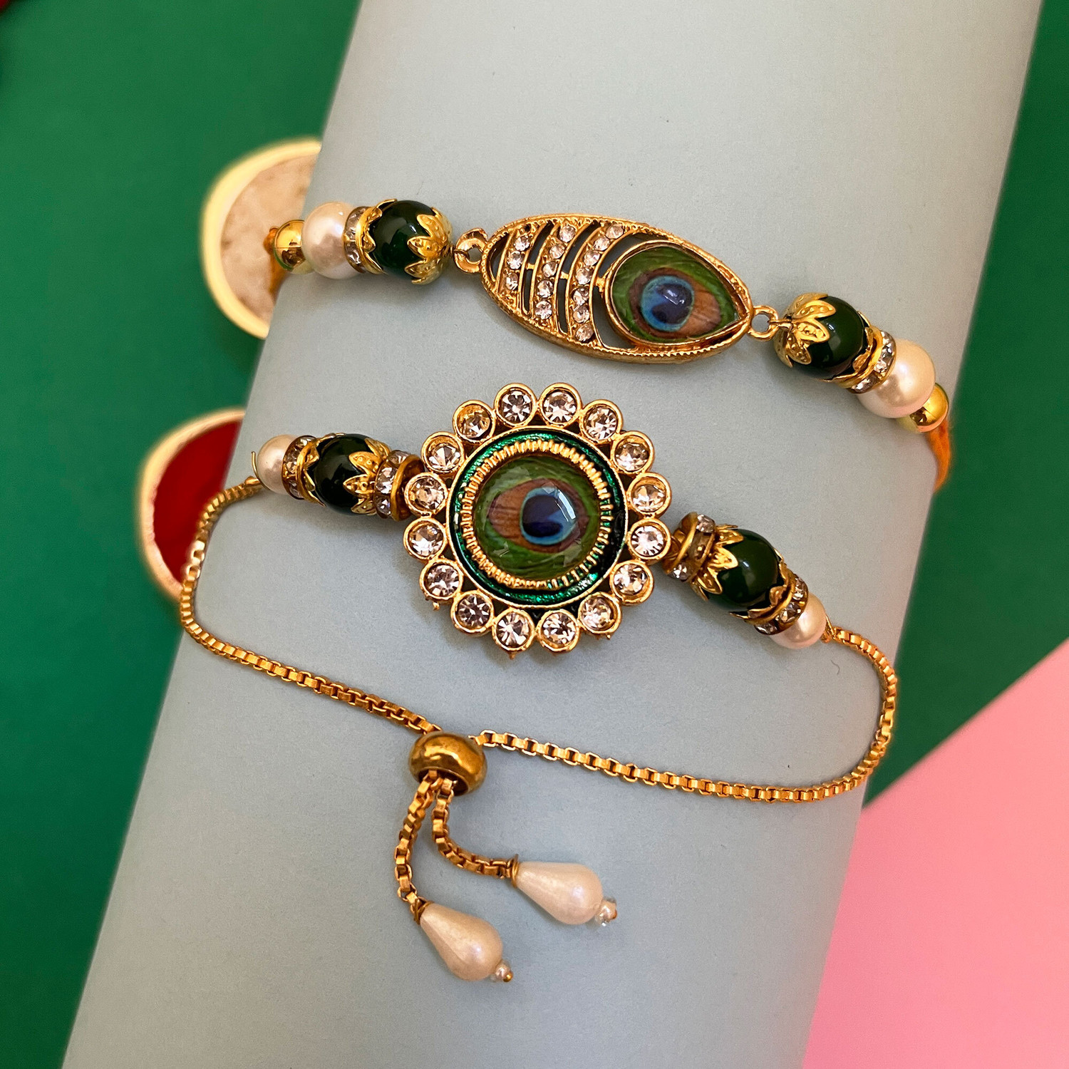 Image of Bhaiya Bhabhi BRAS-PANKH-OR Gold Finish, Kundan, Pearl, Mauli Thread Chawal Roli Pack Set by Yasrean