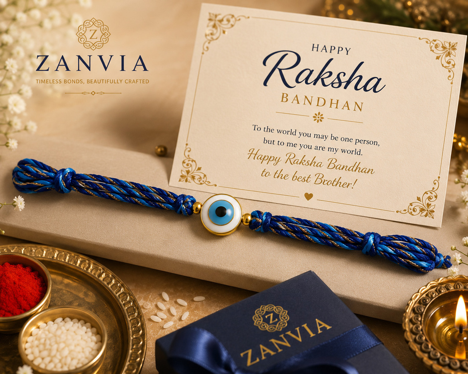 Image of Designer Luxury Blue Evil Eye Charm Rakhi with Premium Braided Thread Mauli Thread Rakhi by Zanvia