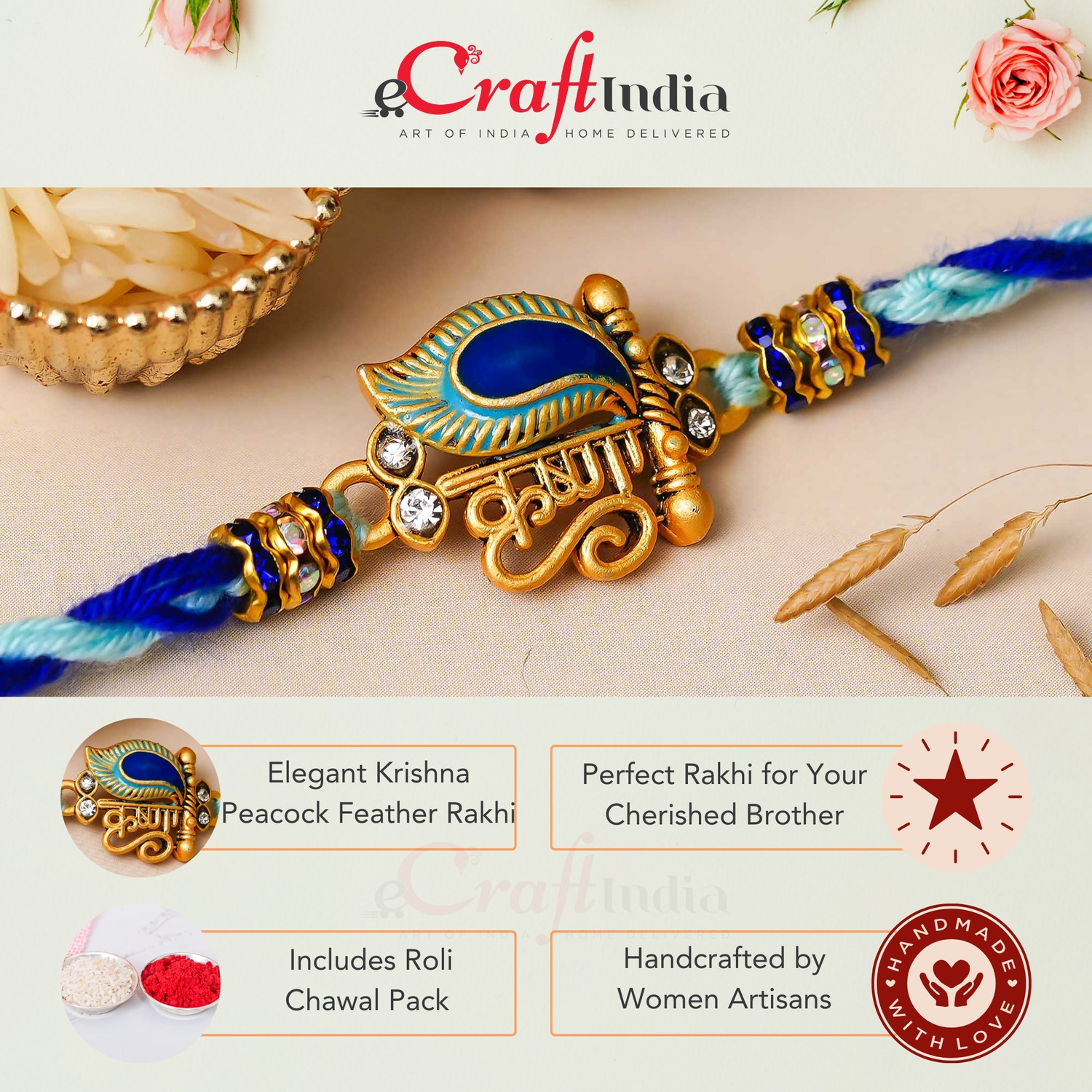 Image of Religious Rakhi Mirth Assorted Rakhi, Chawal Roli Pack Set by eCraftIndia