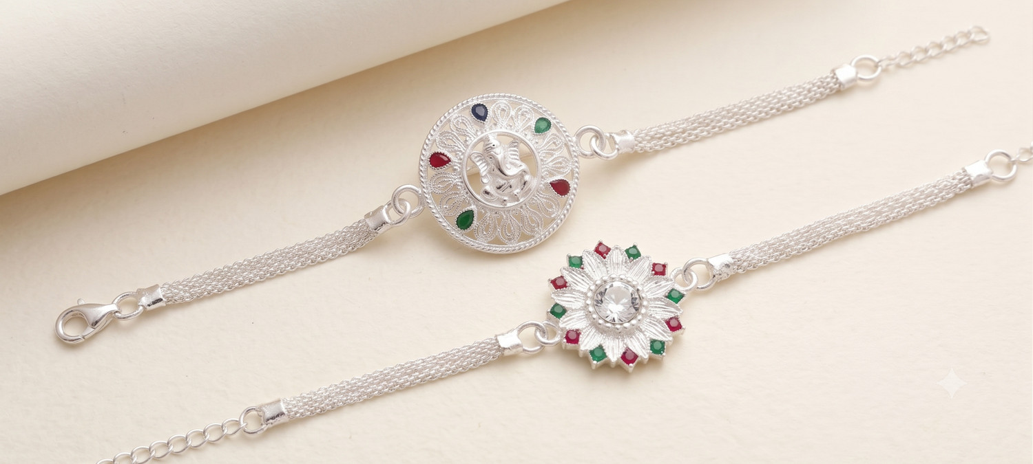 Image of Designer Religious Pure Silver Coated Floral Chain Combo Rakhi with Premium Gift Box Silver Rakhi by SamRoli