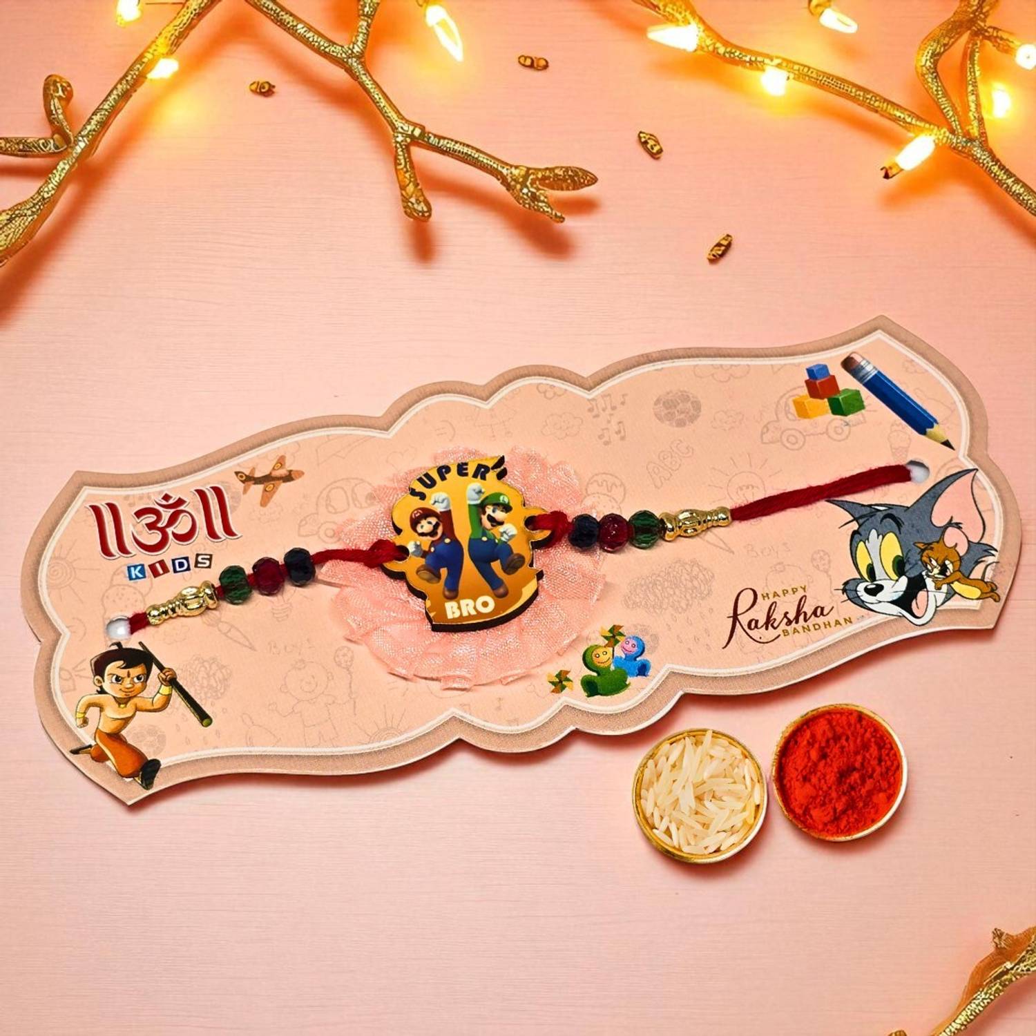 Super Bro Mario Kids Rakhi – Cartoon Character Rakhi for Boys Assorted Chawal Roli Pack Set by AjaraGems