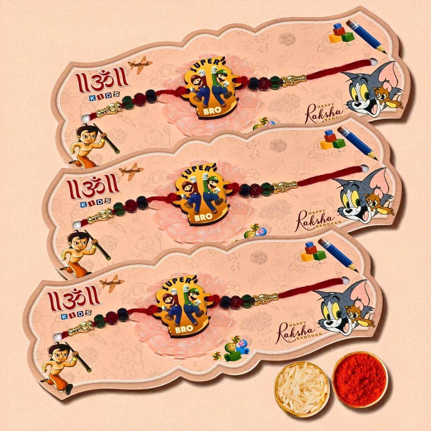 Super Bro Mario Kids Rakhi – Cartoon Character Rakhi for Boys Assorted Chawal Roli Pack Set by AjaraGems