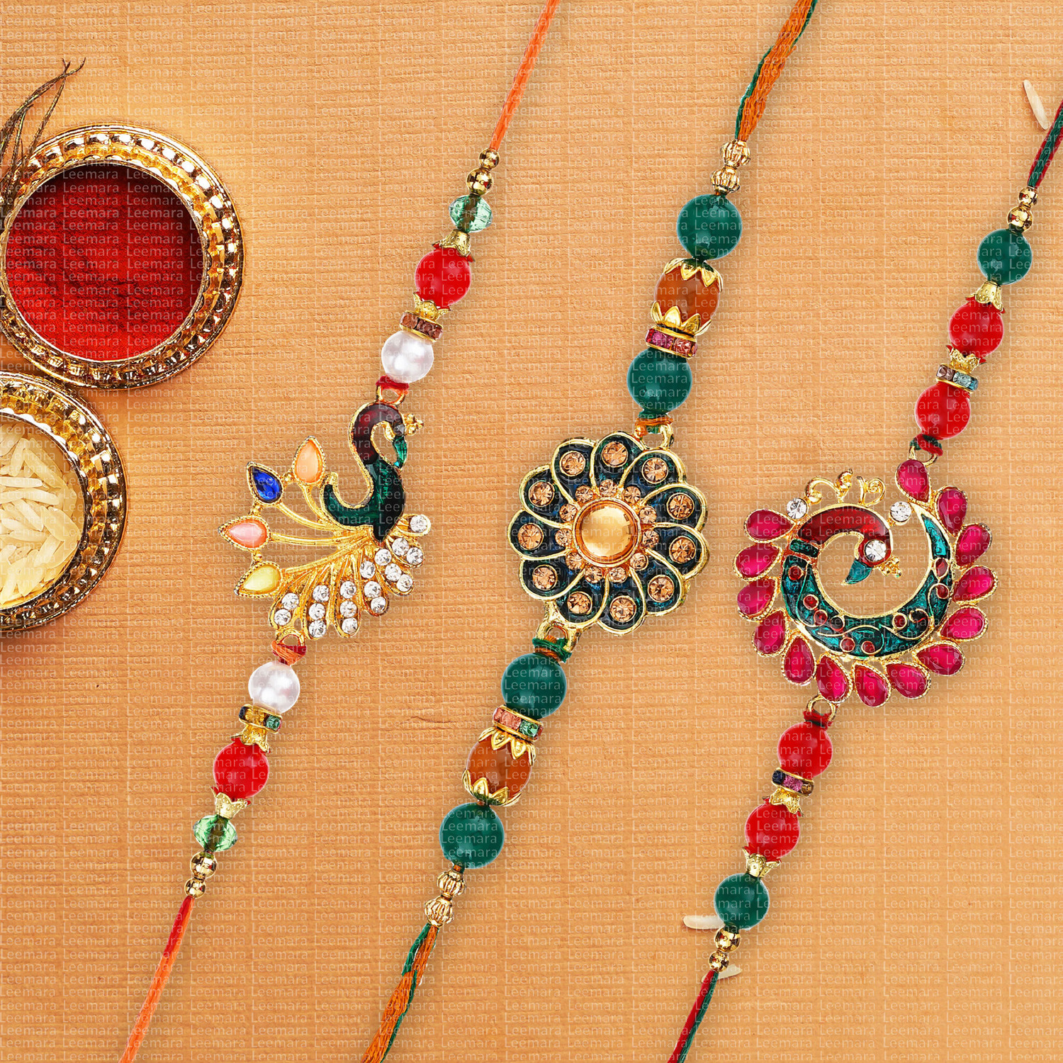 Image of Designer LMR-R-4-6-9 Mauli Thread, Gold Finish, Pearl, Kundan Rakhi, Chawal Roli Pack, Greeting Card Set by LEEMARA