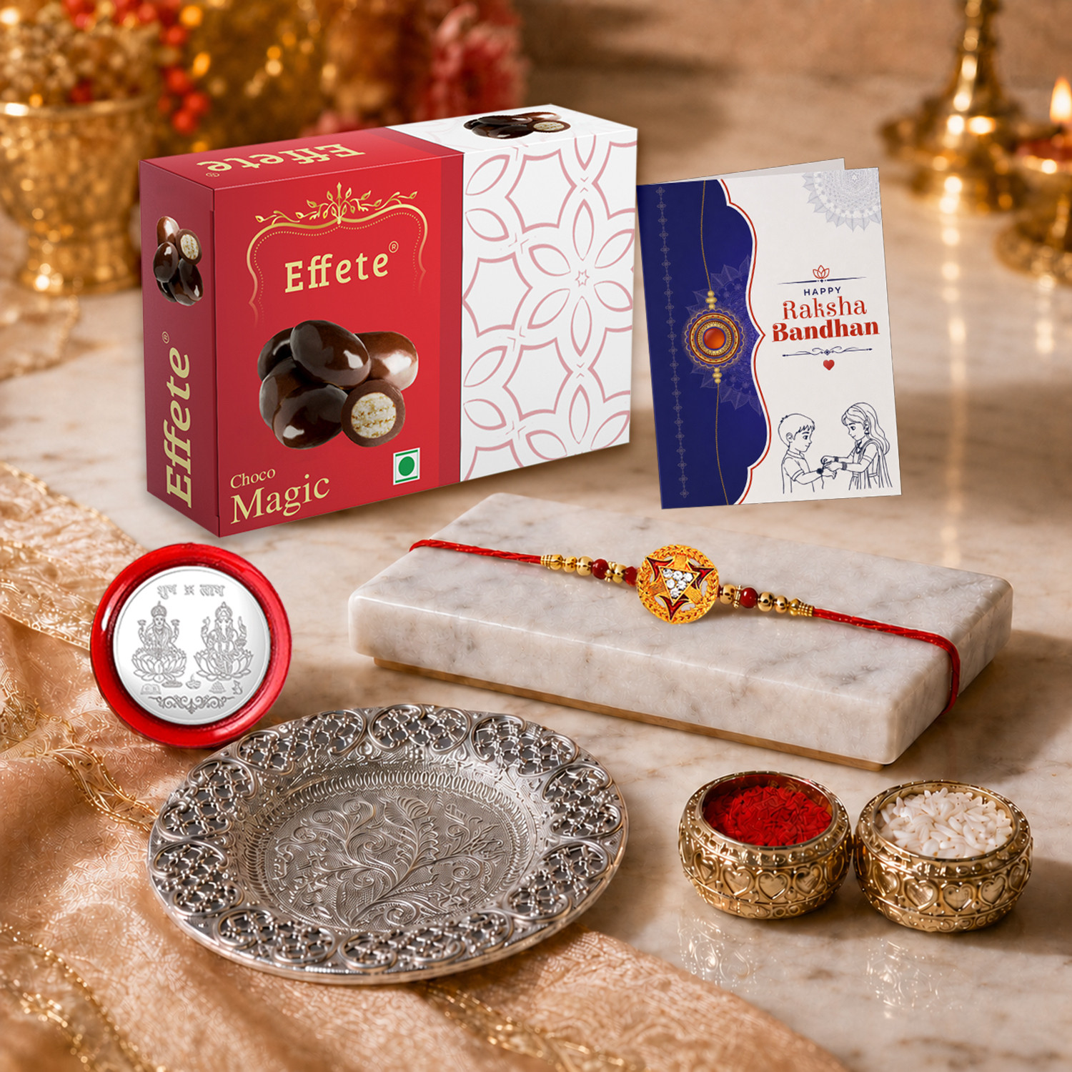 Image of Designer Designer Rakhi Combo for Brother | Rakhi Gift For Brother /Sister |New Stylish Rakhi Set With Thali And Chocolate Box| Fancy Rakhi Set| Raksha Bandhan Gift For Sister |(K1 324 P32+DS) Assorted Rakhi, Greeting Card, Coins, Chawal Roli Pack Set by Effete