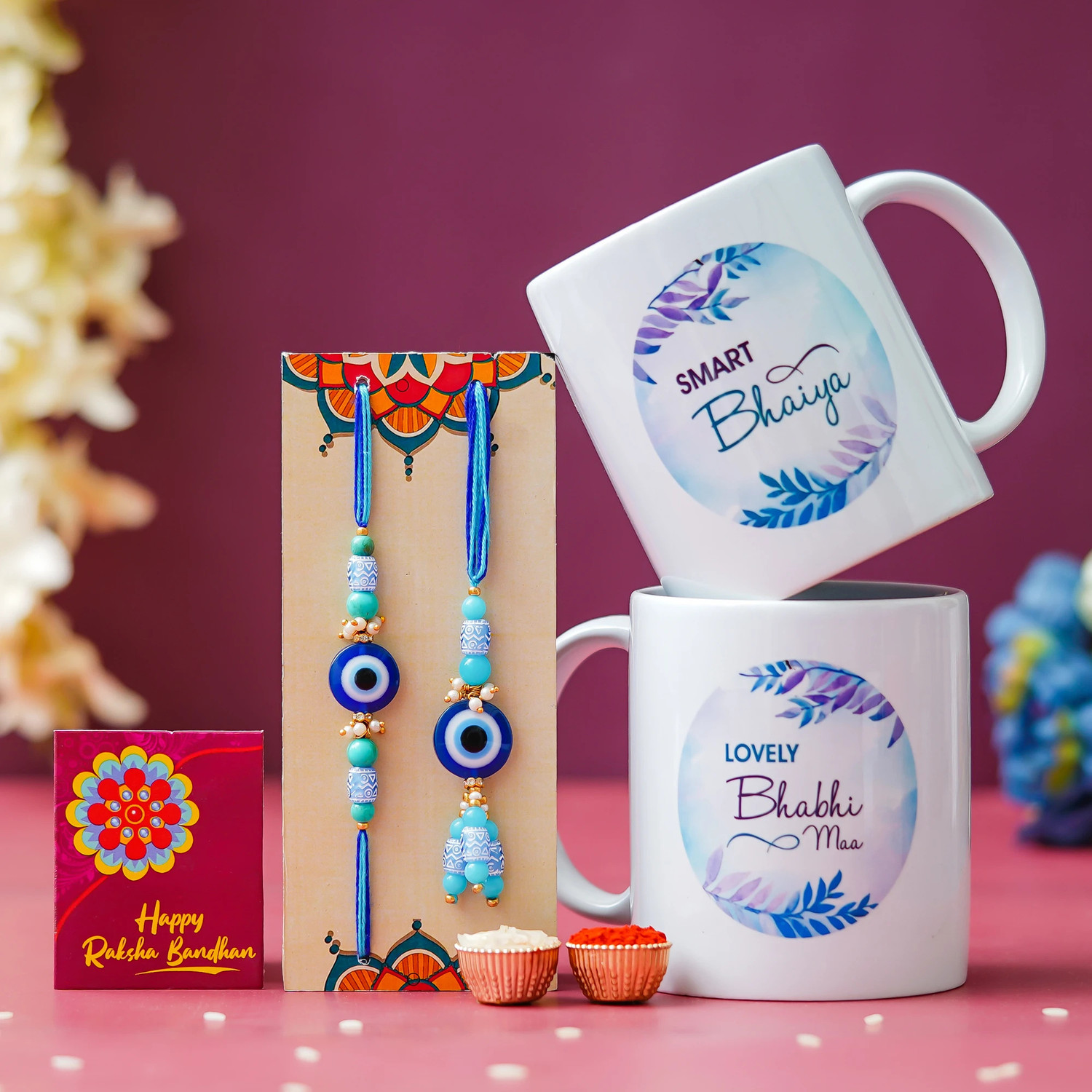 Image of Designer Rakhi Gift Set For Brother Combo With Roli Chawal Greeting Card- MGP-2 Mauli Thread Mug, Rakhi, Lumba, Greeting Card, Chawal Roli Pack Set by Tonkwalas