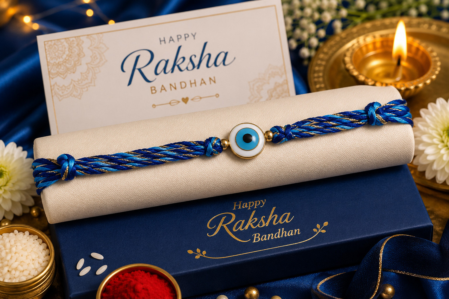 Image of Designer Luxury Blue Evil Eye Charm Rakhi with Premium Braided Thread Mauli Thread Rakhi by Zanvia