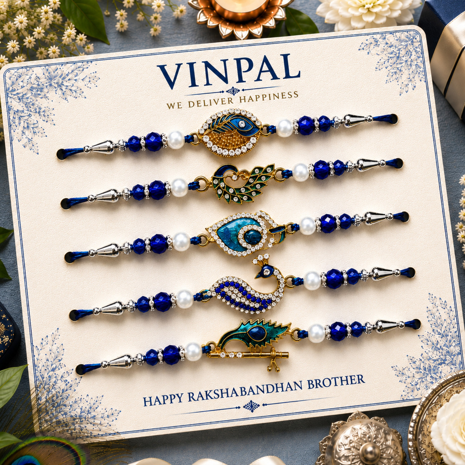 Image of Designer Peacock Set of 5 Rakhi for Brothers|Premium Rakhi Assorted Rakhi by Vinpal