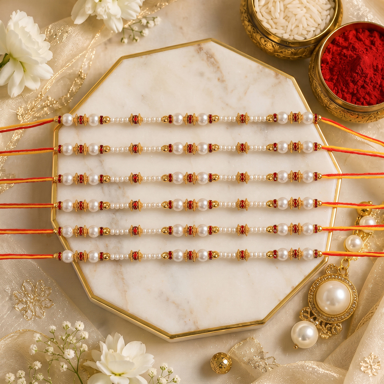 Image of Thread 4031-Pearl & Golden Beads Designer Rakhi for Brother Mauli Thread, Pearl Rakhi, Chawal Roli Pack, Greeting Card Set by PRIDE STORE