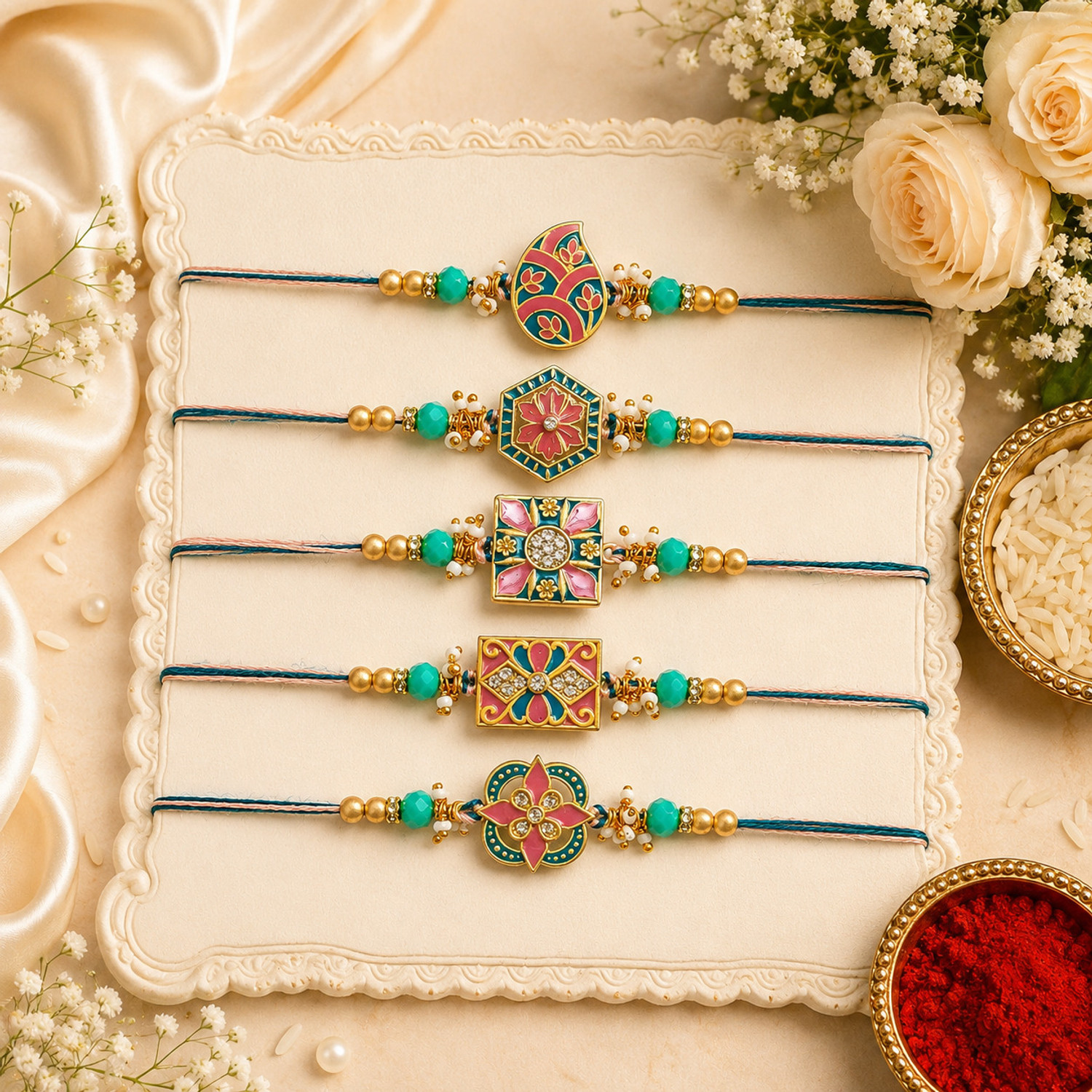 Image of Designer Rakhi Combo For Brother - 18 Assorted Rakhi, Showpiece, Chawal Roli Pack, Greeting Card Set by Dreamica