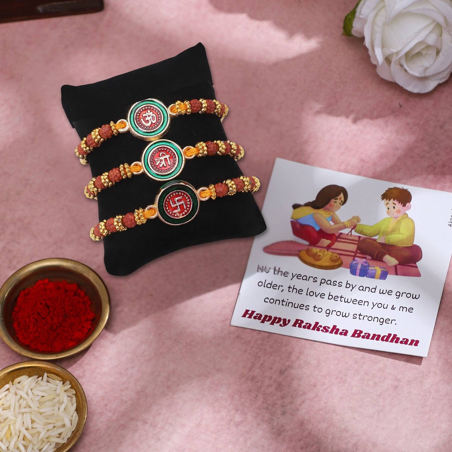 Religious Rakhi (Pack of 3) Om, Swastik, Shree | Roli Chawal | Card Gold Finish Greeting Card, Rakhi Set by Akaar