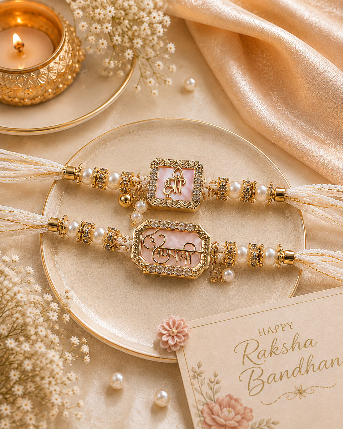 Image of Bhaiya Bhabhi RK-GOLD-PEARL-001 Kundan Bracelet, Rakhi Set by Algita