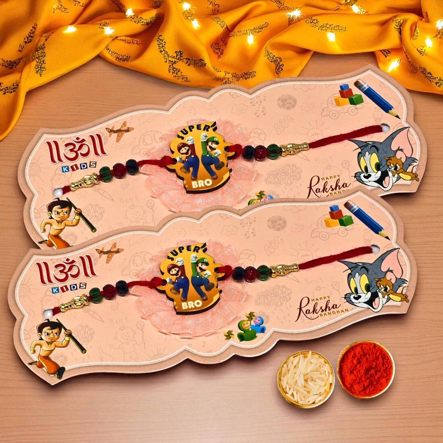 Super Bro Mario Kids Rakhi – Cartoon Character Rakhi for Boys Assorted Chawal Roli Pack Set by AjaraGems