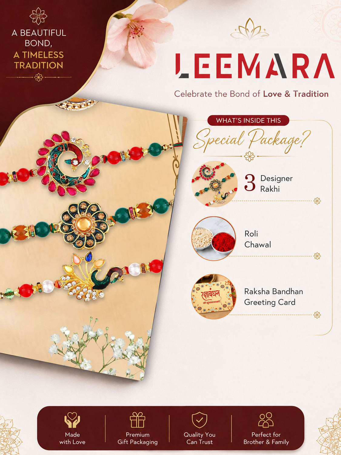 Image of Designer LMR-R-4-6-9 Mauli Thread, Gold Finish, Pearl, Kundan Rakhi, Chawal Roli Pack, Greeting Card Set by LEEMARA