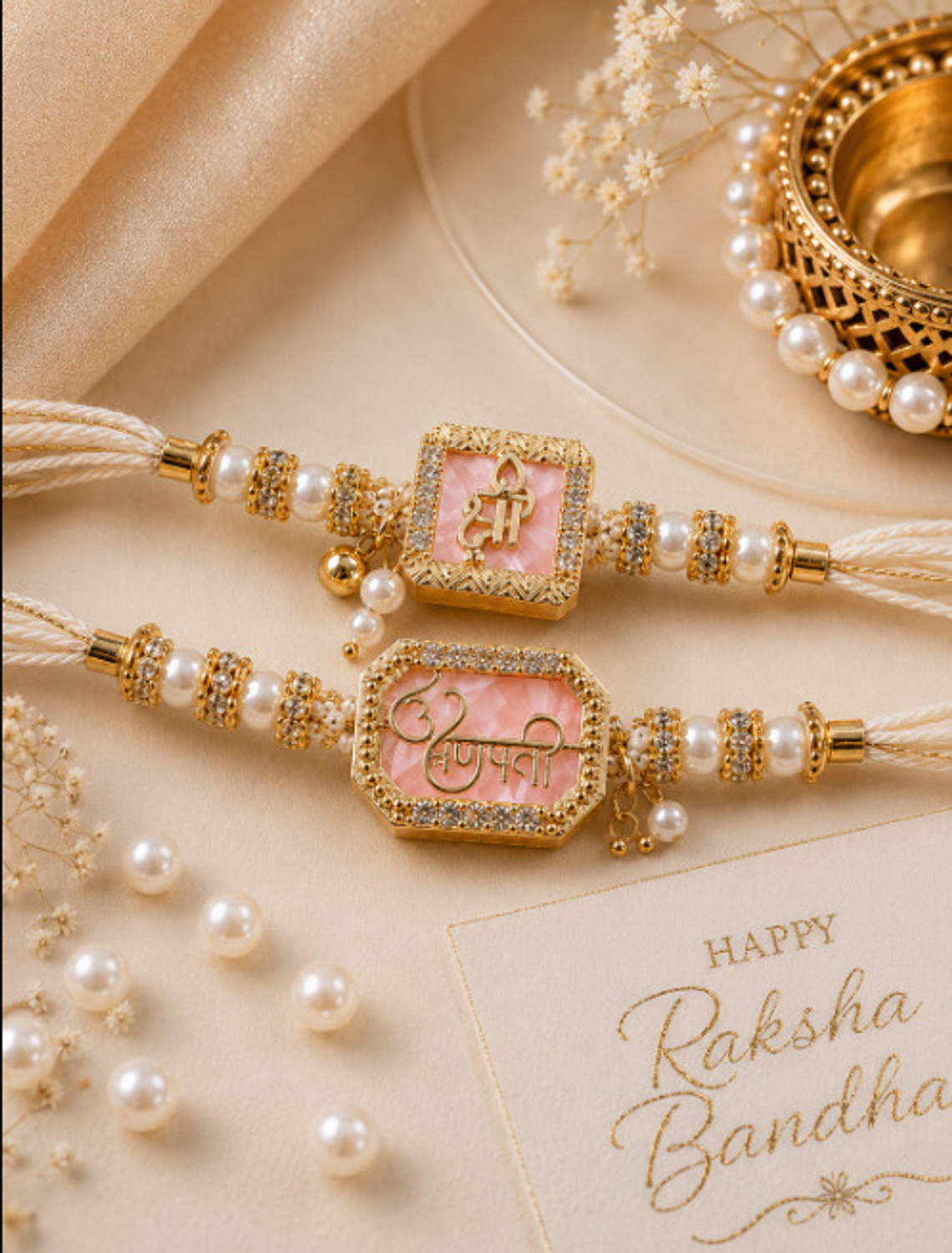Image of Bhaiya Bhabhi RK-GOLD-PEARL-001 Kundan Bracelet, Rakhi Set by Algita