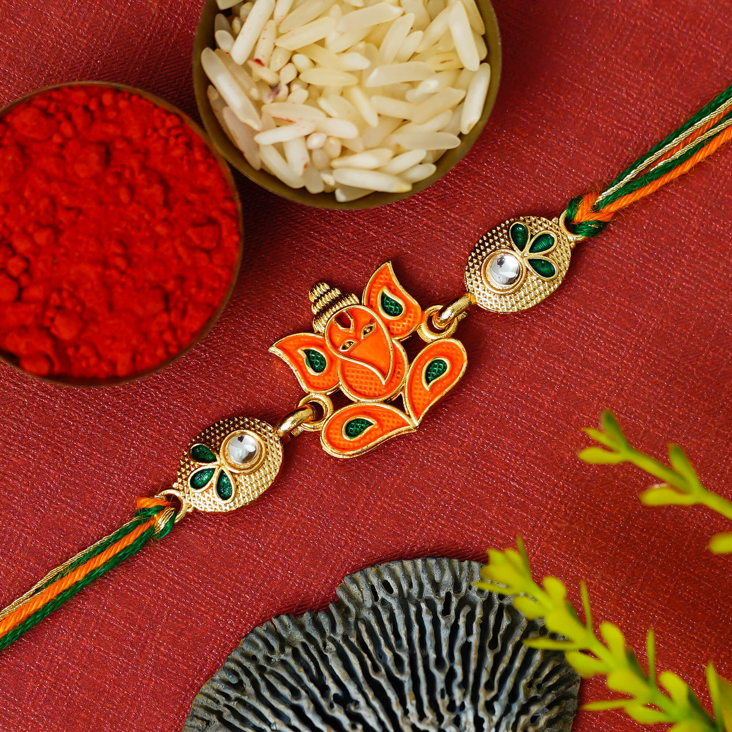 Image of Religious Ganesha Rakhi, Chawal Roli Pack Set by eCraftIndia