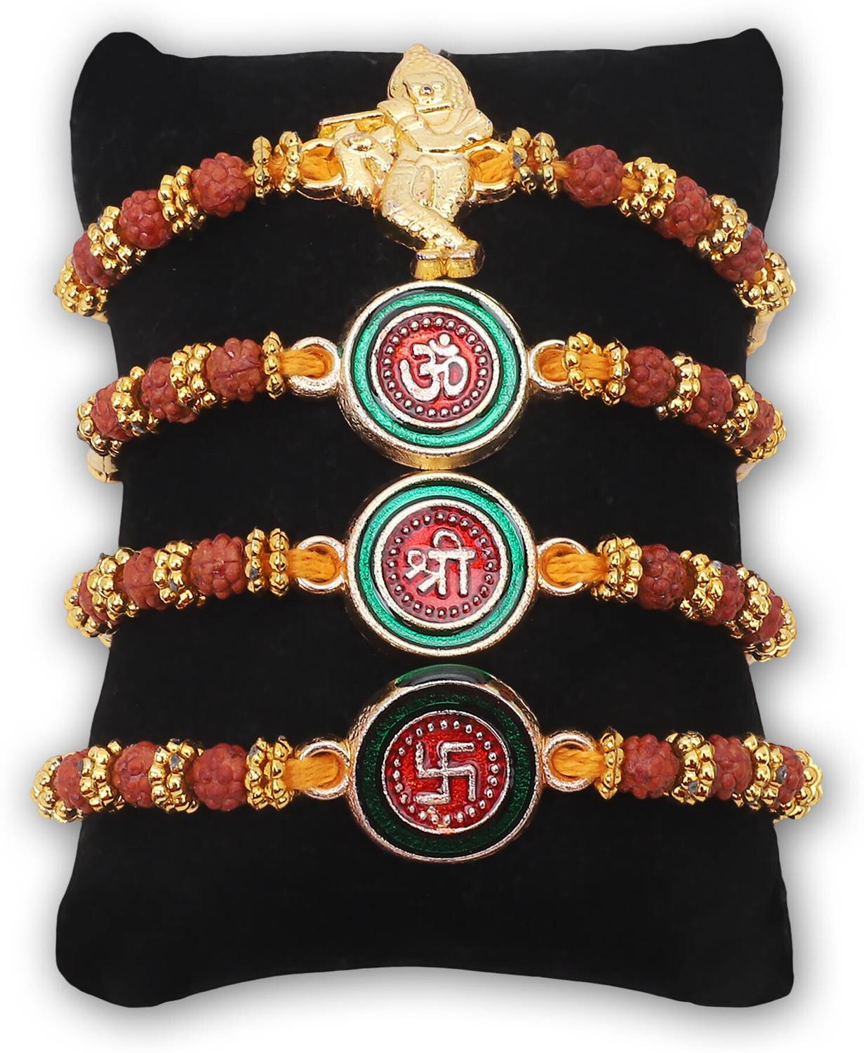 Religious Rakhi (Pack of 4) Krishna, Om, Swastika & Shree | Roli Chawal | Card Gold Finish Greeting Card, Rakhi Set by Akaar