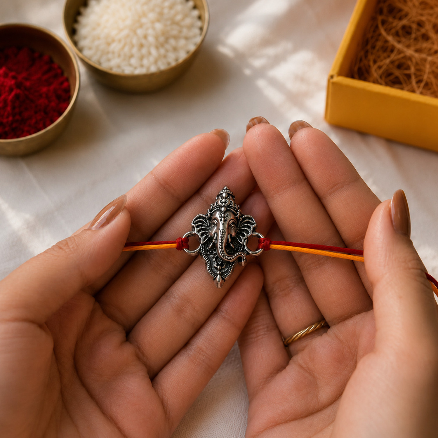 Image of Religious GAN-RAKHI-01 Mauli Thread Rakhi by Dakshis