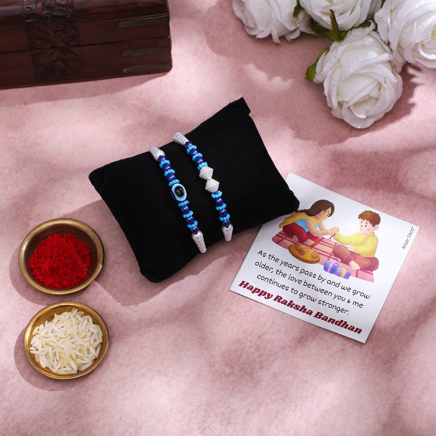 Religious Rakhi (Pack of 2) Blue Evil Eye & Beads Thread | Roli Chawal | Card Gold Finish Greeting Card, Rakhi Set by Akaar
