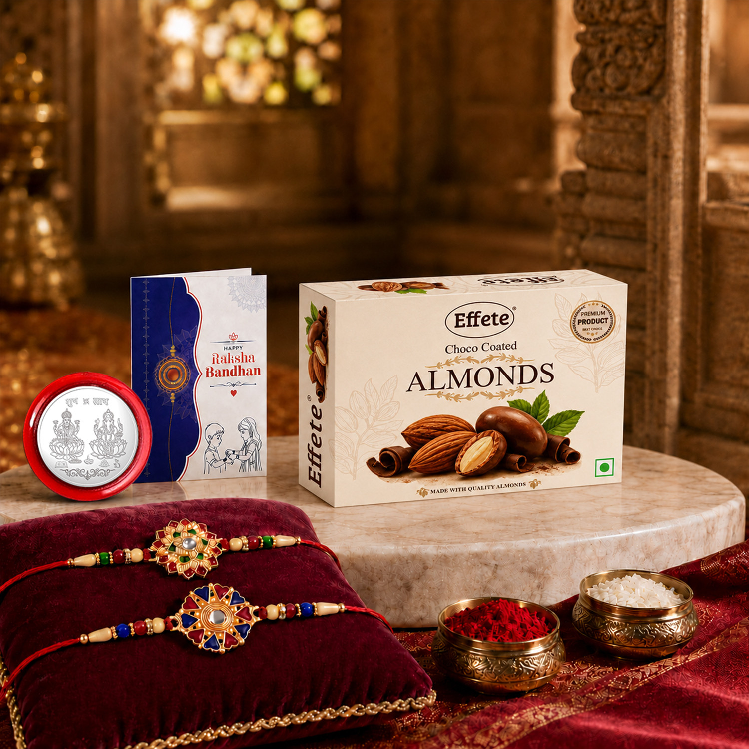 Image of Religious Rakhi Combo Gift Set for Brother |Almnond 32 Gm|Chocolate|Y22K2 35+604 CA32 Assorted Rakhi, Greeting Card, Coins, Chawal Roli Pack Set by DeoDap