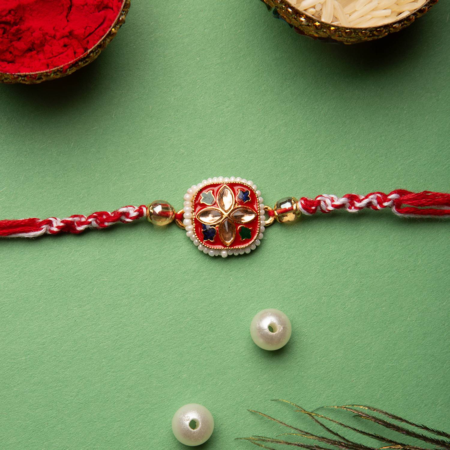 Religious Square Shape 1 Piece Rakhi For Brother, Bhai, Kids With Roli Chawal Set Kundan Rakhi by Charmify