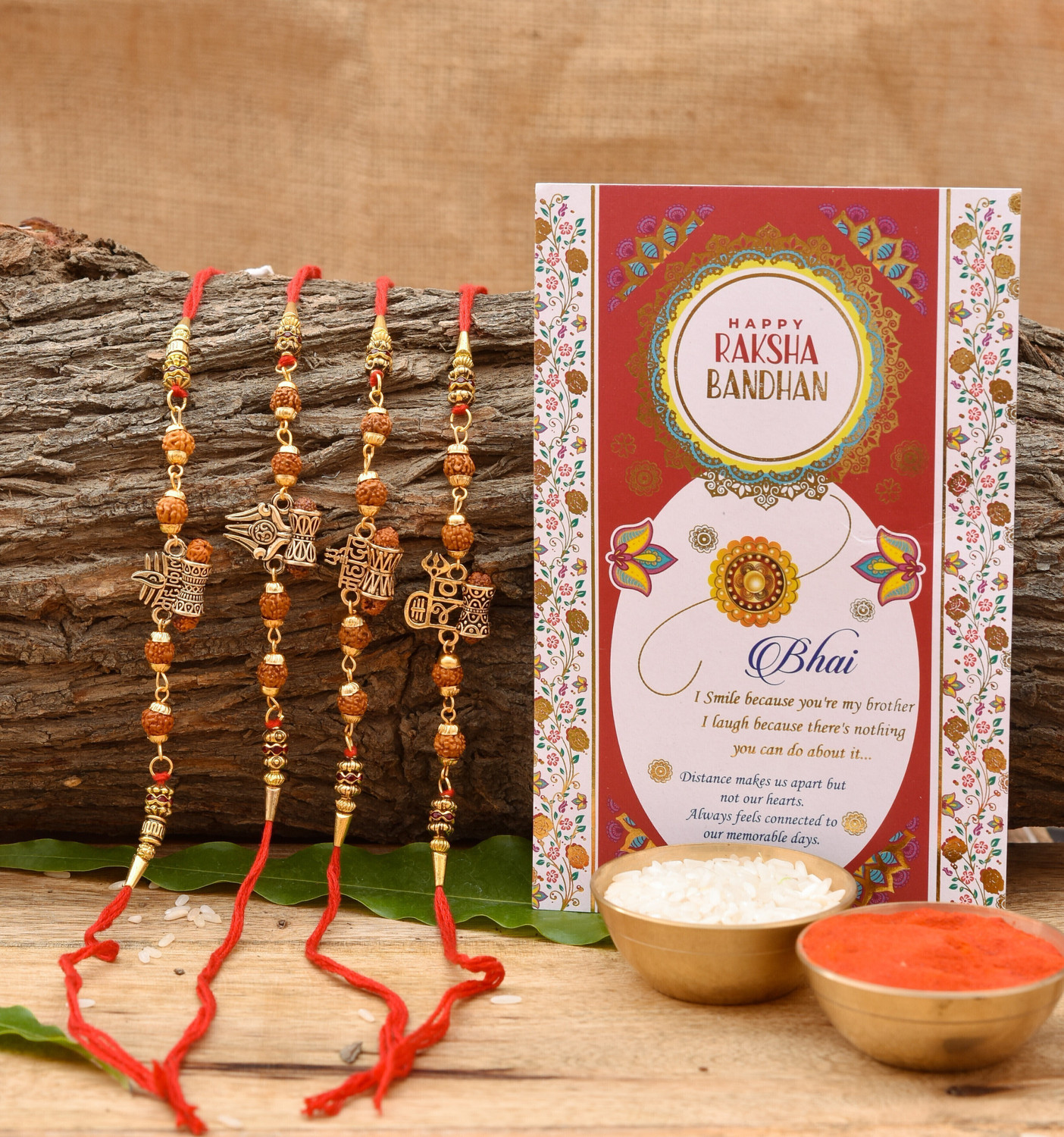 Image of Rudraksh Mahadev Mahakal Trishul Rudraksh Rakhi Set With Greeting Card Mauli Thread Rakhi, Chawal Roli Pack, Greeting Card Set by PRIDE STORE