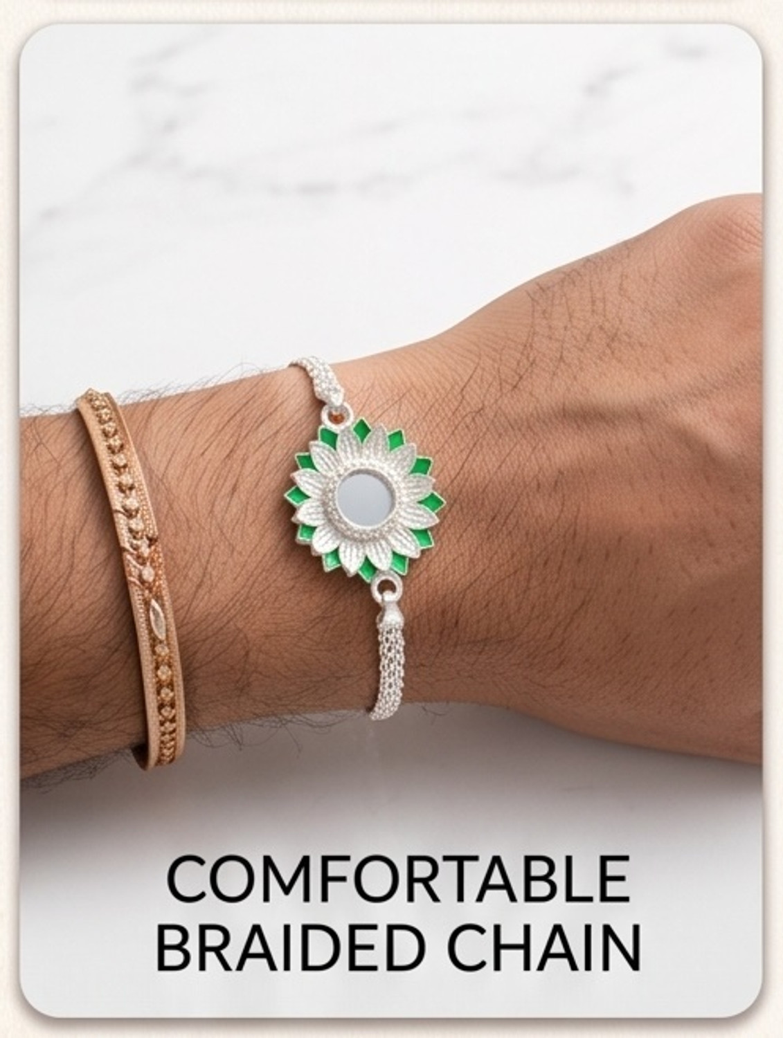 Image of Bracelet Silver Plated Flower Design Rakhi with Transparent Lid Velvet Cushion Gift Box Silver Rakhi by SamRoli