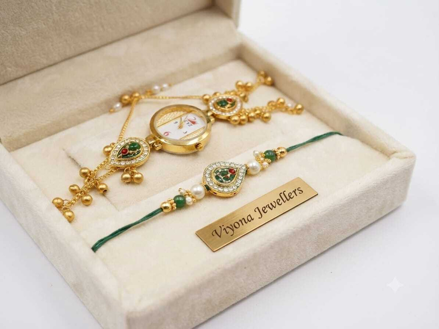 Image of Bhaiya Bhabhi Designer Green Swan Rakhi with Kashmiri Bracelet Watch Set Mauli Thread Watch Set by SHRINRVT ENTERPRISES