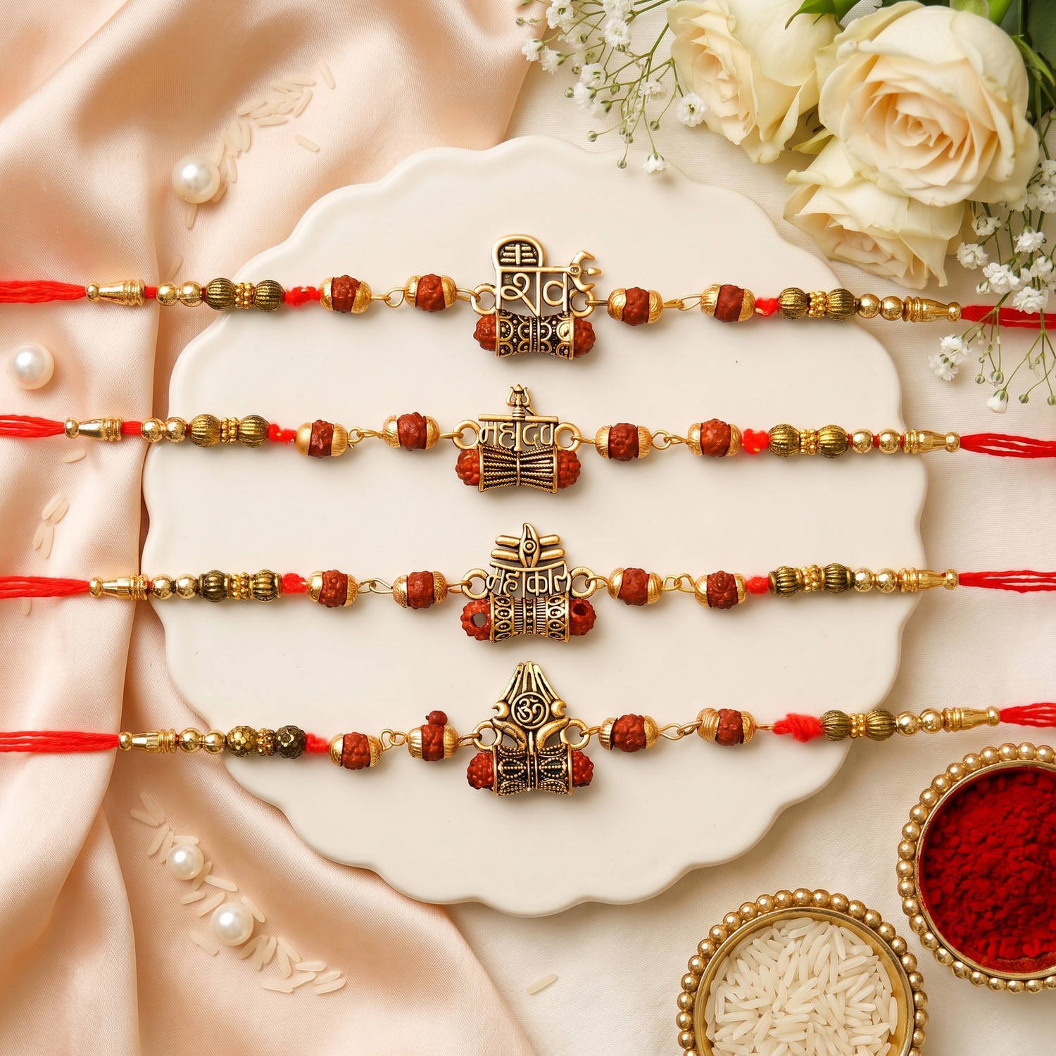 Image of Rudraksh 4 Monk Buddha With Beautiful 4 Rakhi Set Assorted Rakhi, Chawal Roli Pack, Greeting Card Set by PRIDE STORE