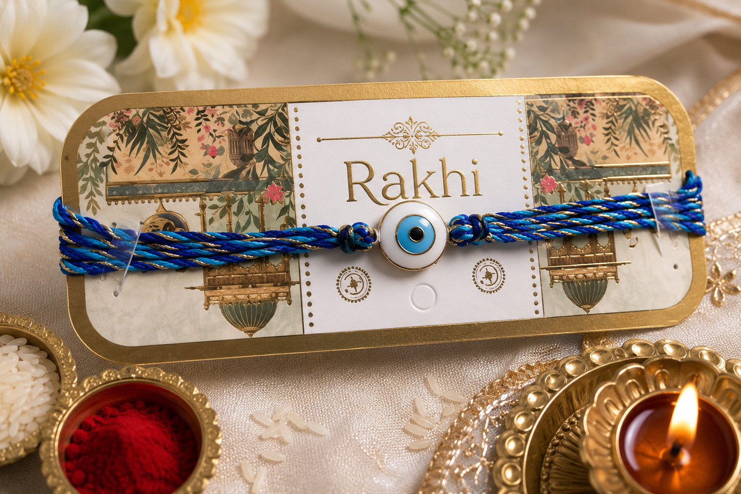 Image of Designer Luxury Blue Evil Eye Charm Rakhi with Premium Braided Thread Mauli Thread Rakhi by Zanvia