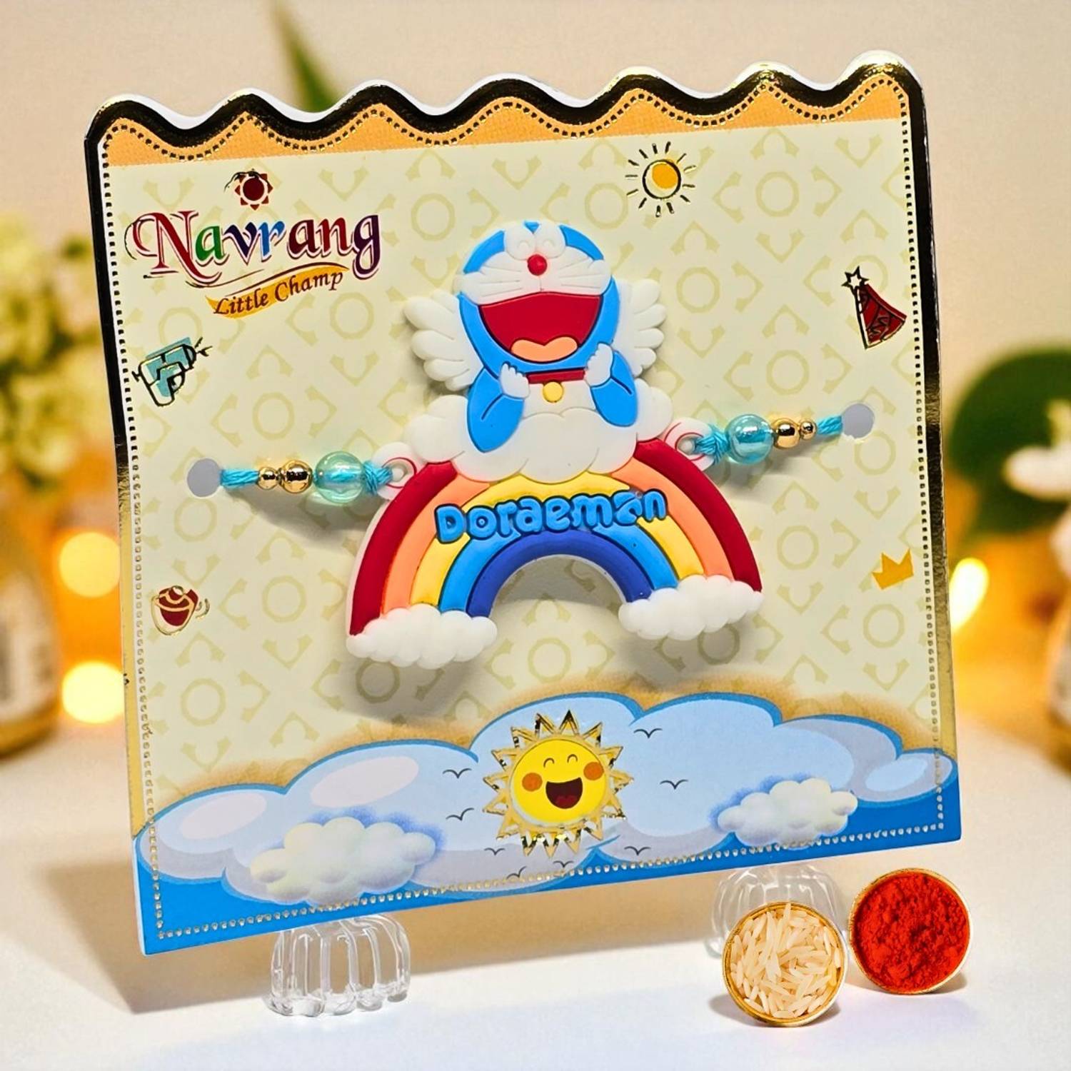 Cute Doraemon Rakhi for Kids | Colorful Cartoon Rakhi with Rainbow Design Assorted Chawal Roli Pack Set by AjaraGems