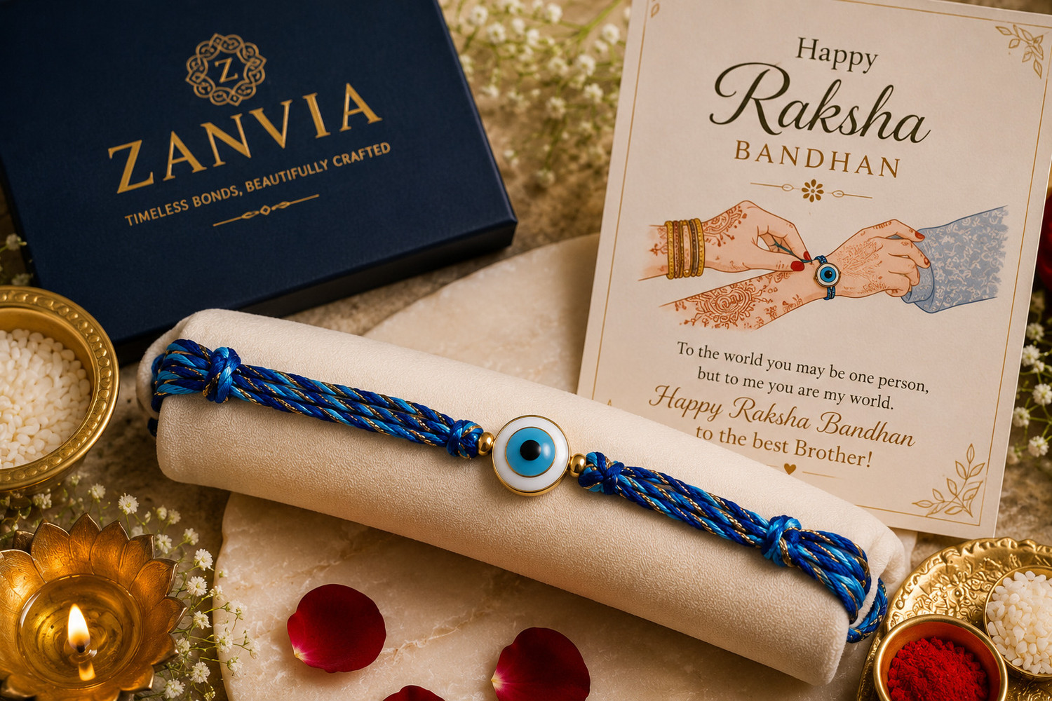 Image of Designer Luxury Blue Evil Eye Charm Rakhi with Premium Braided Thread Mauli Thread Rakhi by Zanvia