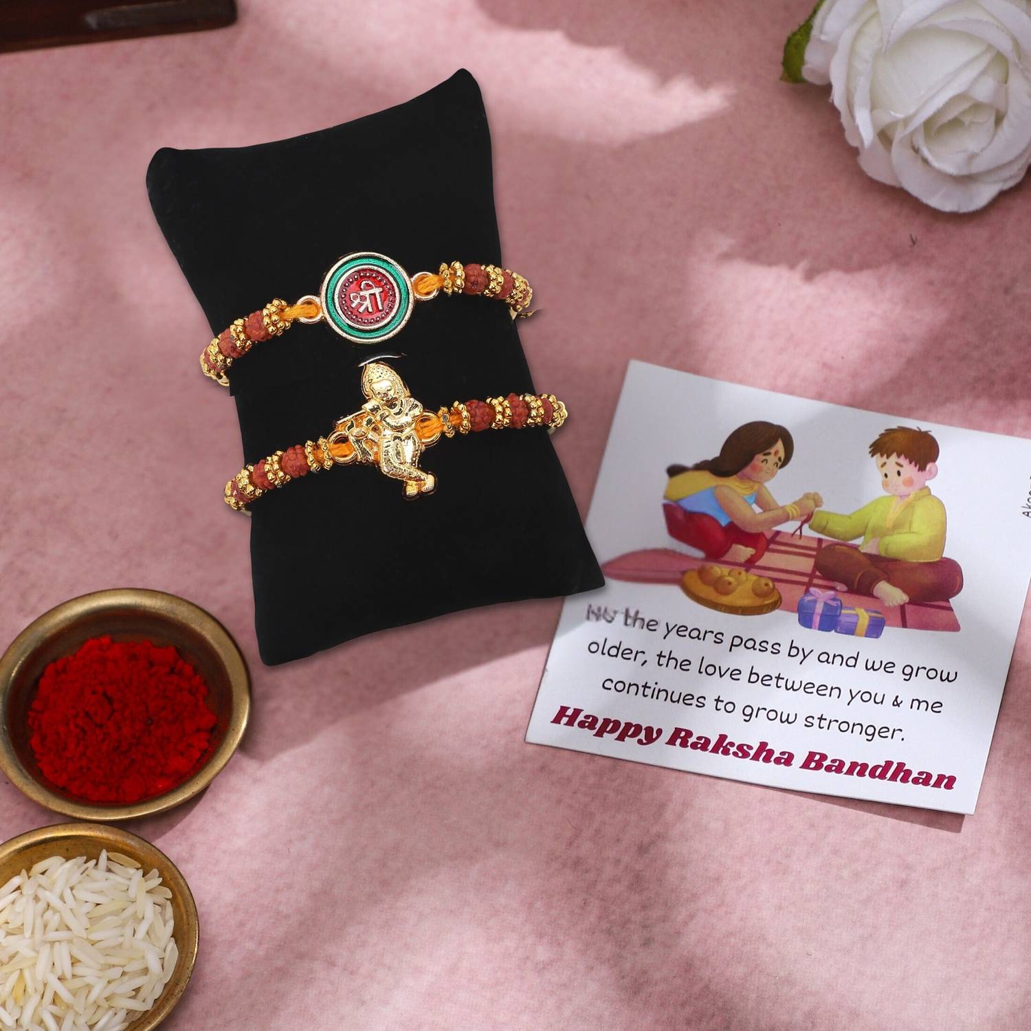 Religious Rakhi (Pack of 2) Shree & Krishna | Roli Chawal | Card Gold Finish Greeting Card, Rakhi Set by Akaar