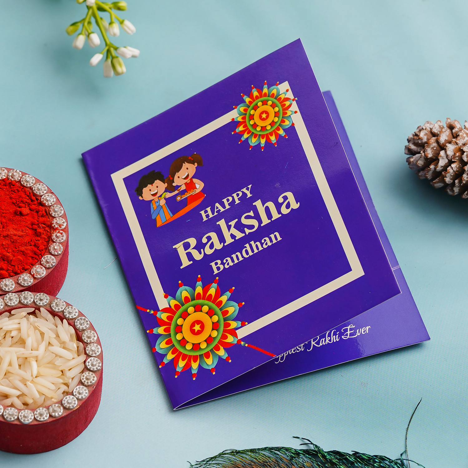 Image of Thread 4031-Pearl & Golden Beads Designer Rakhi for Brother Mauli Thread, Pearl Rakhi, Chawal Roli Pack, Greeting Card Set by PRIDE STORE