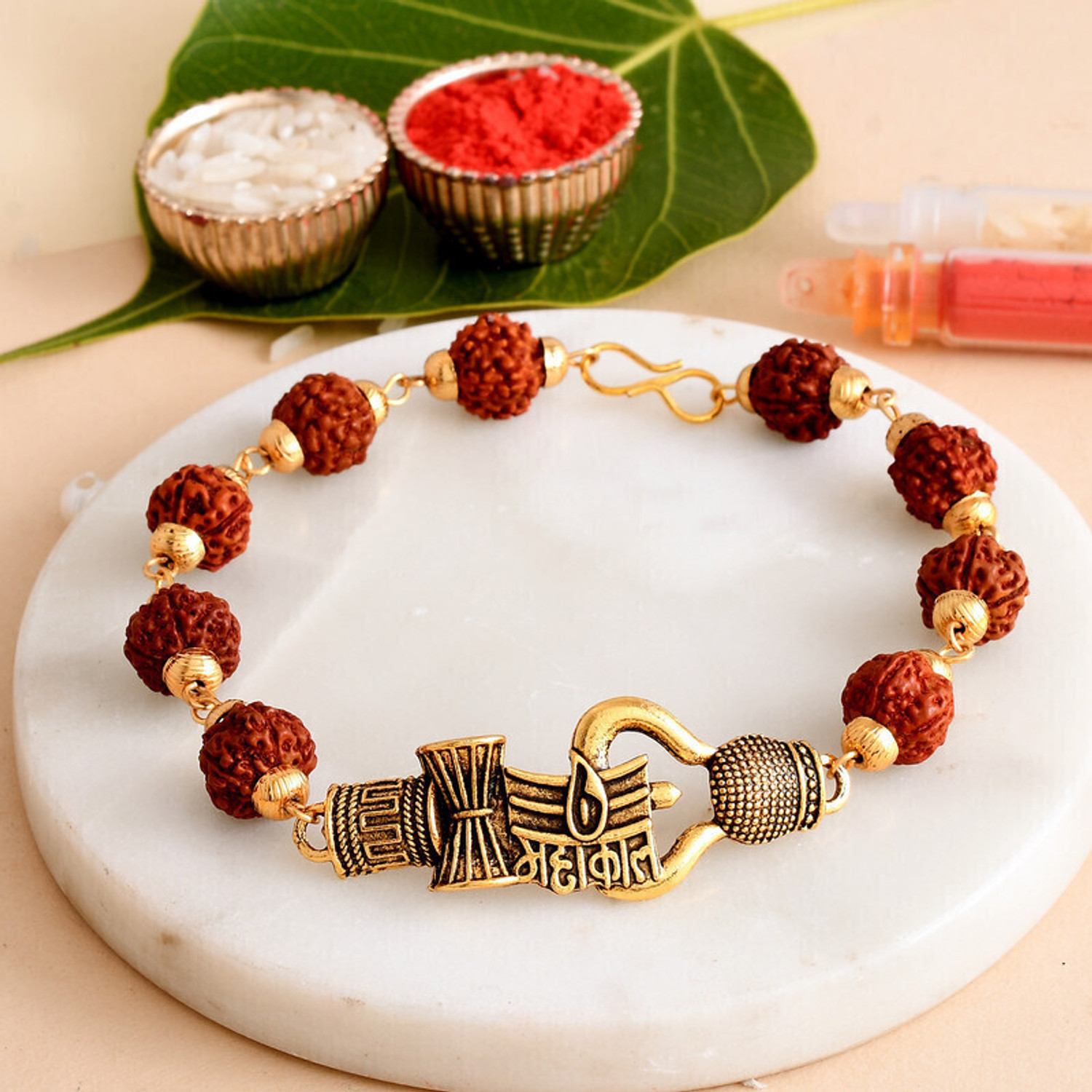 Image of Rudraksh 24-102-Rudraksh Braclet-Mahakal-1, Rakhi for brother Assorted Rakhi, Greeting Card, Chawal Roli Pack Set by PRIDE STORE