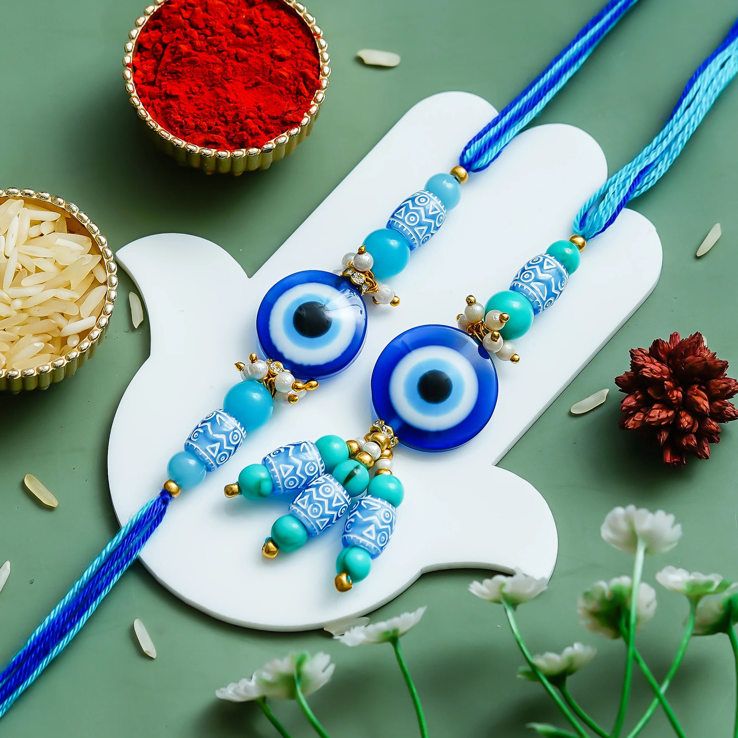Image of Designer Rakhi Gift Set For Brother Combo With Roli Chawal Greeting Card- MGP-2 Mauli Thread Mug, Rakhi, Lumba, Greeting Card, Chawal Roli Pack Set by Tonkwalas