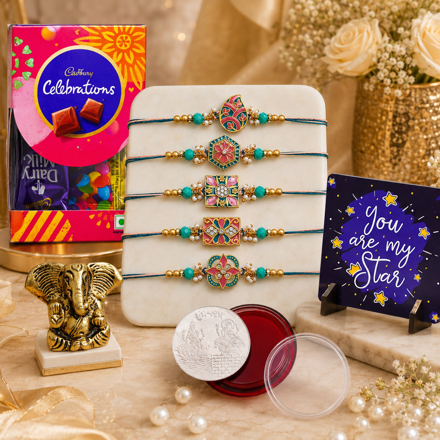 Image of Designer Rakhi Combo For Brother - 18 Assorted Rakhi, Showpiece, Chawal Roli Pack, Greeting Card Set by Dreamica