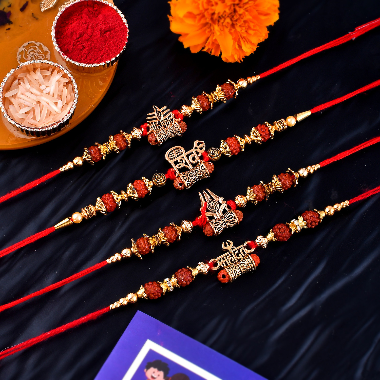 Image of Rudraksh Mahadev Mahakal Trishul Rudraksh Rakhi Set With Greeting Card Mauli Thread Rakhi, Chawal Roli Pack, Greeting Card Set by PRIDE STORE