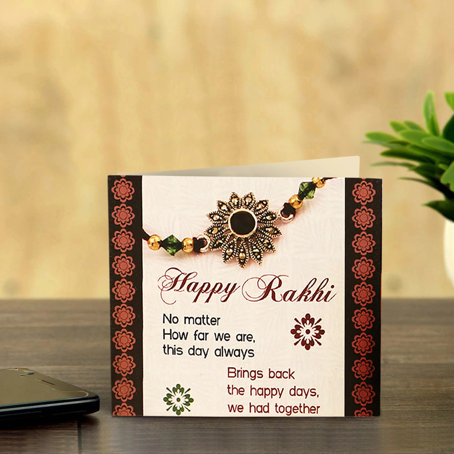 Image of Religious TR-RB23-Bro-Setof2Rakhi-NK006 Assorted Rakhi, Greeting Card, Chawal Roli Pack Set by TIED RIBBONS