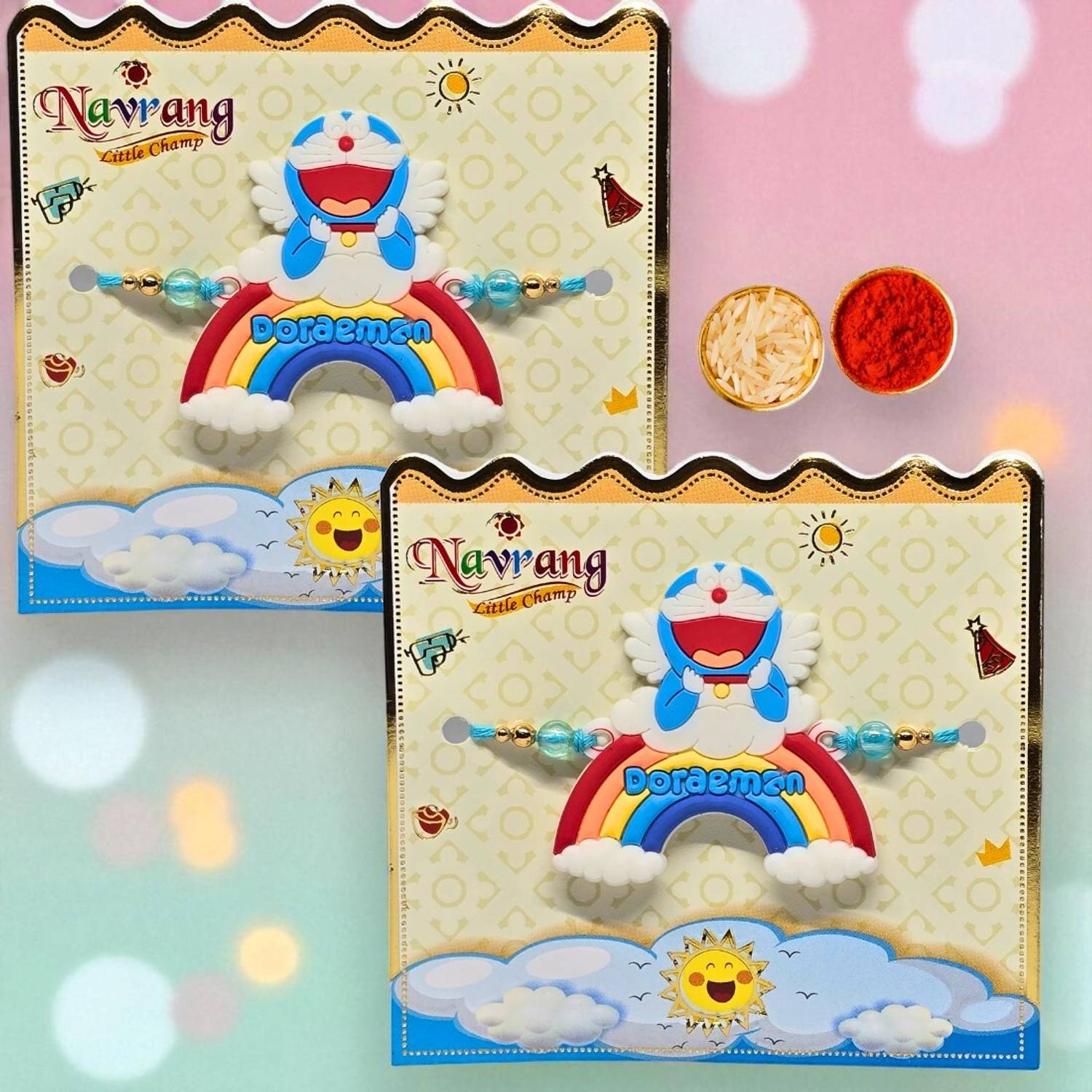Cute Doraemon Rakhi for Kids | Colorful Cartoon Rakhi with Rainbow Design Assorted Chawal Roli Pack Set by AjaraGems