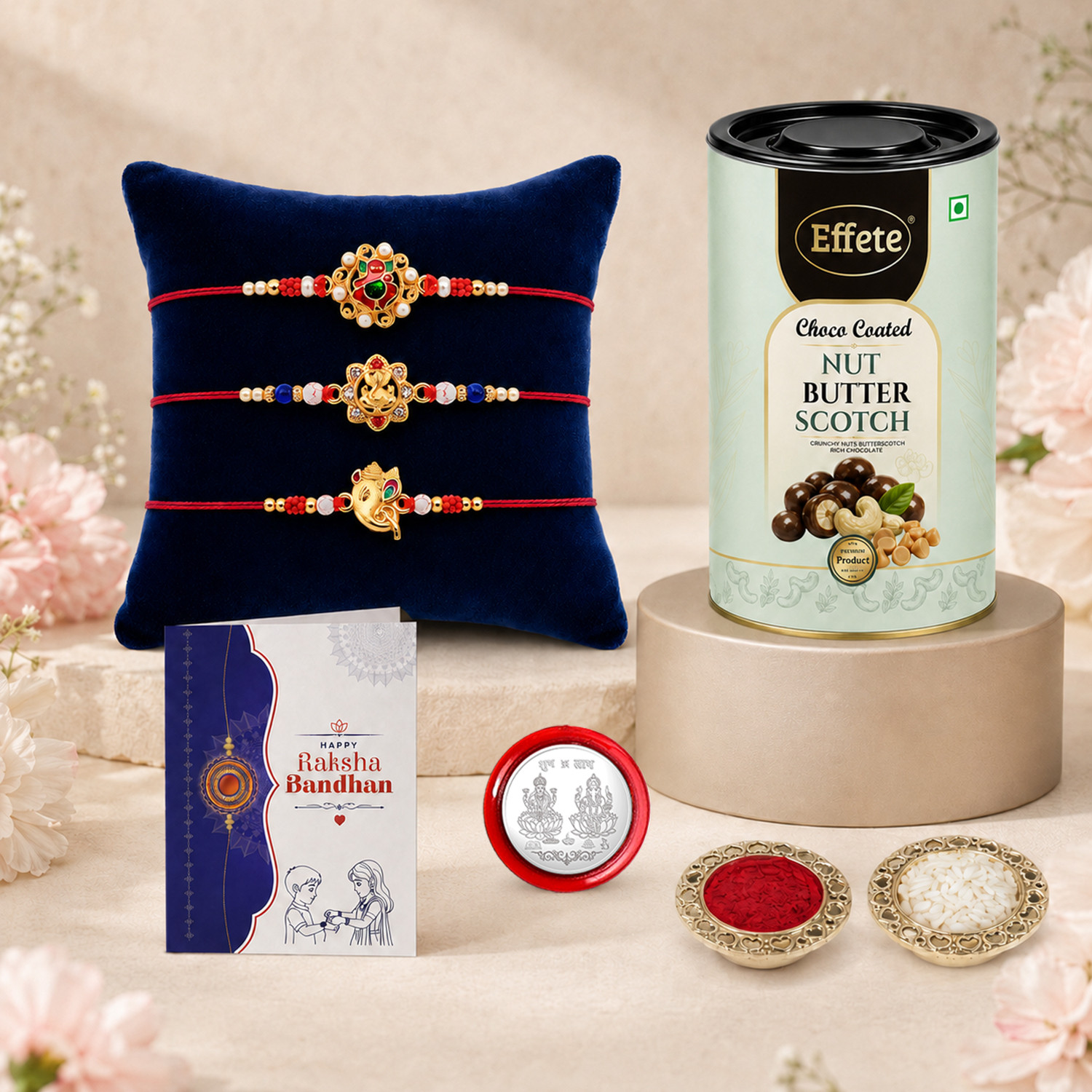 Image of Designer Rakhi Combo for Brother withchocolate Butterscotch(96Gm)Rakhi SetK3 13+14+15 BS Assorted Rakhi by Effete