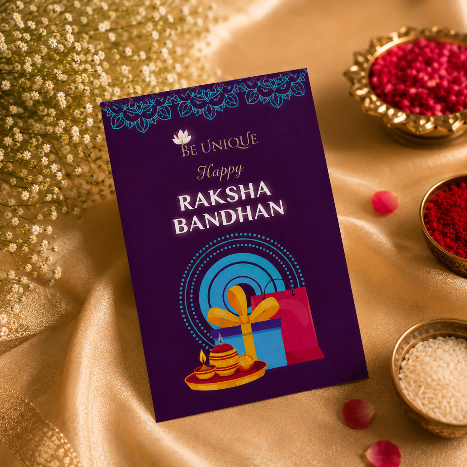 Image of Designer Traditional Pack of 100 Assorted Rakhi, Greeting Card, Chawal Roli Pack Set by BE UNIQUE