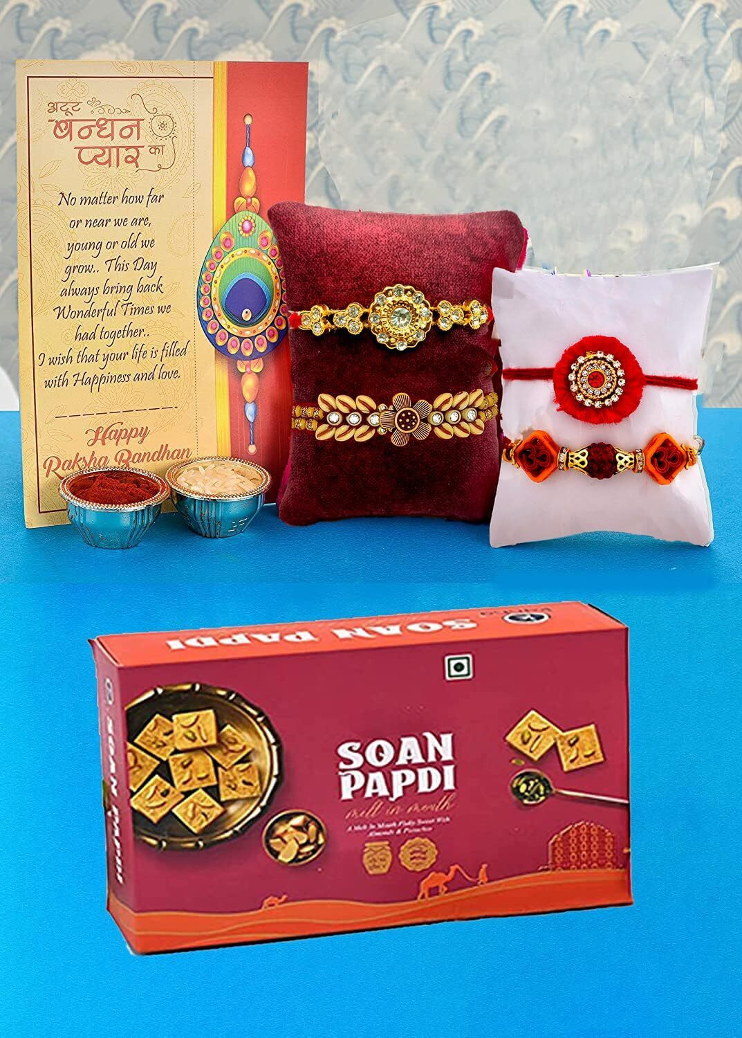 Image of Designer Gift Set with Soan Papdi Sweets for Brother Boy Assorted Chawal Roli Pack, Greeting Card Set by Flipkart SmartBuy
