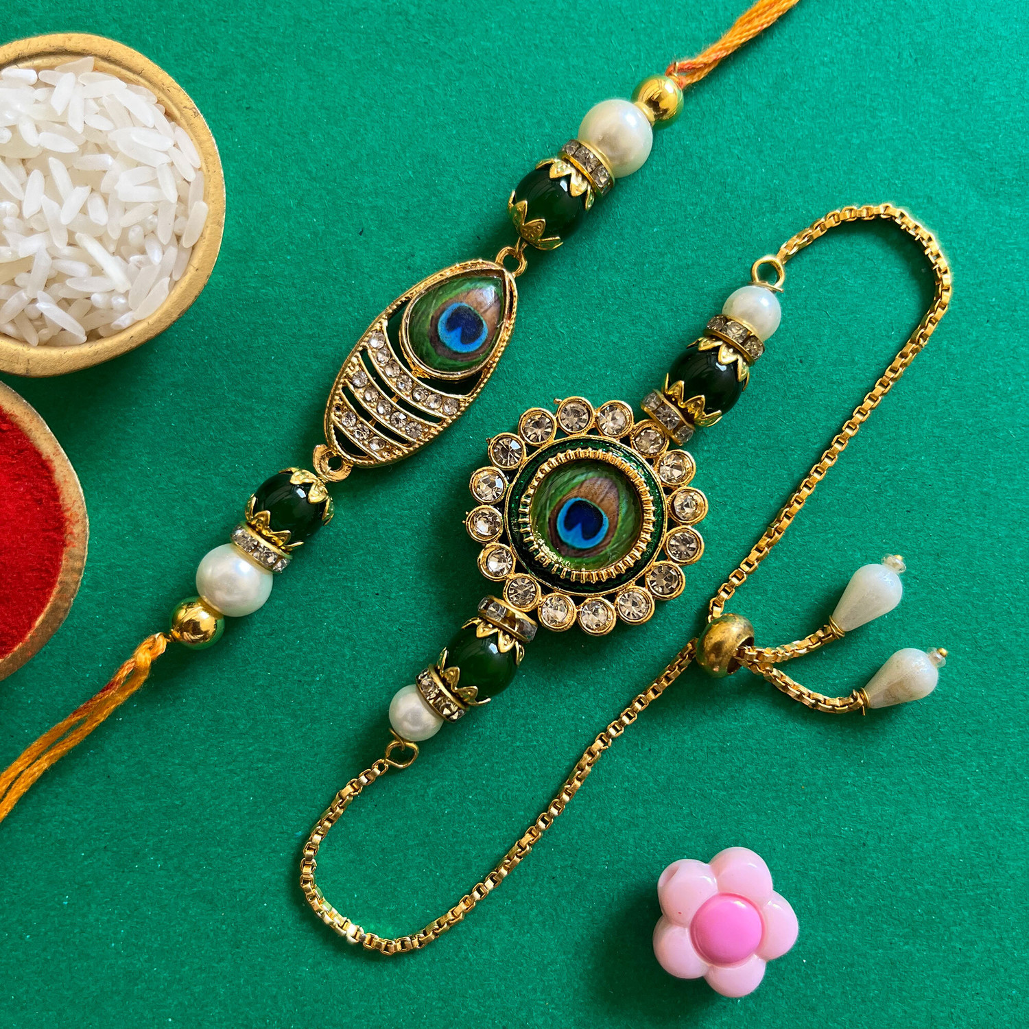 Image of Bhaiya Bhabhi BRAS-PANKH-OR Gold Finish, Kundan, Pearl, Mauli Thread Chawal Roli Pack Set by Yasrean