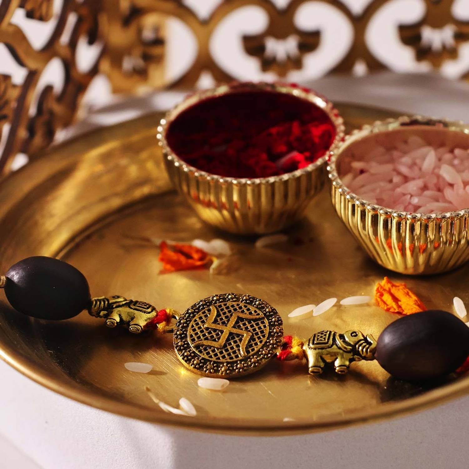 Thread Kamal Gatta Beads Rakhi for Brother Big Lotus Seeds Swastic Charm Rakhi Combo Mauli Thread Rakhi, Chawal Roli Pack, Greeting Card Set by 9dzine