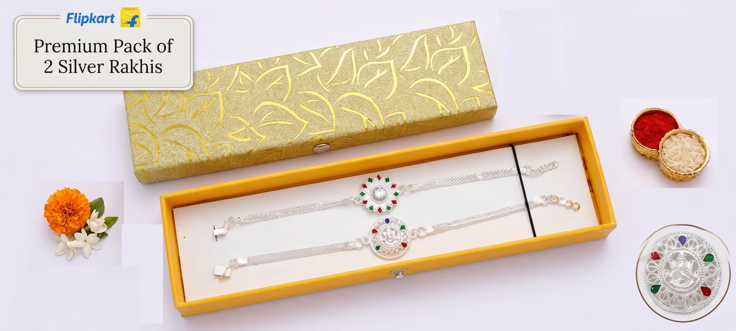 Image of Designer Religious Pure Silver Coated Floral Chain Combo Rakhi with Premium Gift Box Silver Rakhi by SamRoli