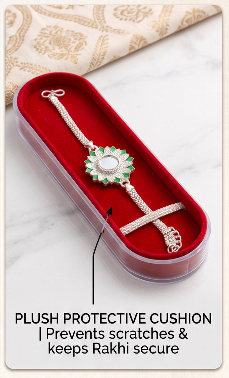 Image of Bracelet Silver Plated Flower Design Rakhi with Transparent Lid Velvet Cushion Gift Box Silver Rakhi by SamRoli