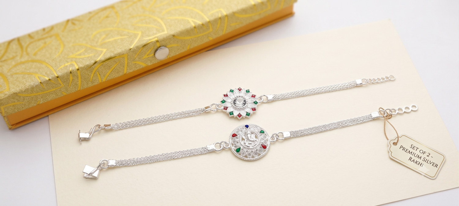 Image of Designer Religious Pure Silver Coated Floral Chain Combo Rakhi with Premium Gift Box Silver Rakhi by SamRoli